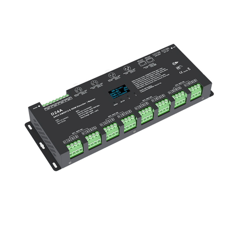 DMX512 sorozat - DMX512 LED vezérlő – 24 csatorna – 12–24V DC, 24×5A – OLED kijelző – DMX dekóder / Master – D24A