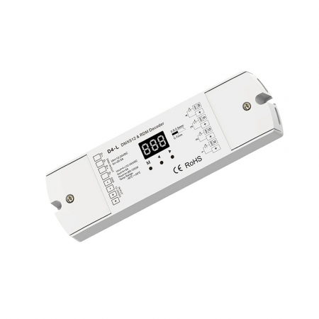 DMX512 sorozat - DMX512 LED vezérlő – 4 csatorna – 12–24V DC, 4×5A – DMX dekóder – D4-L