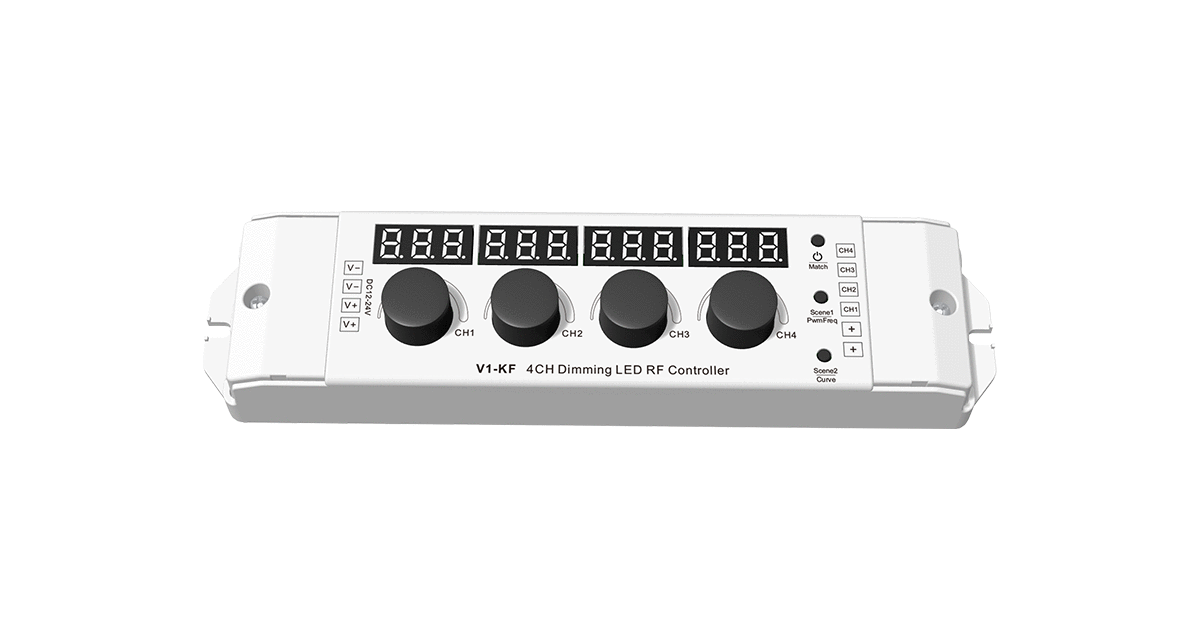 LED vezérlő 4 csatorna × 4 A, 12–24 V DC, CV, 4 fényerőszabályzó gomb – V1-KF [1]