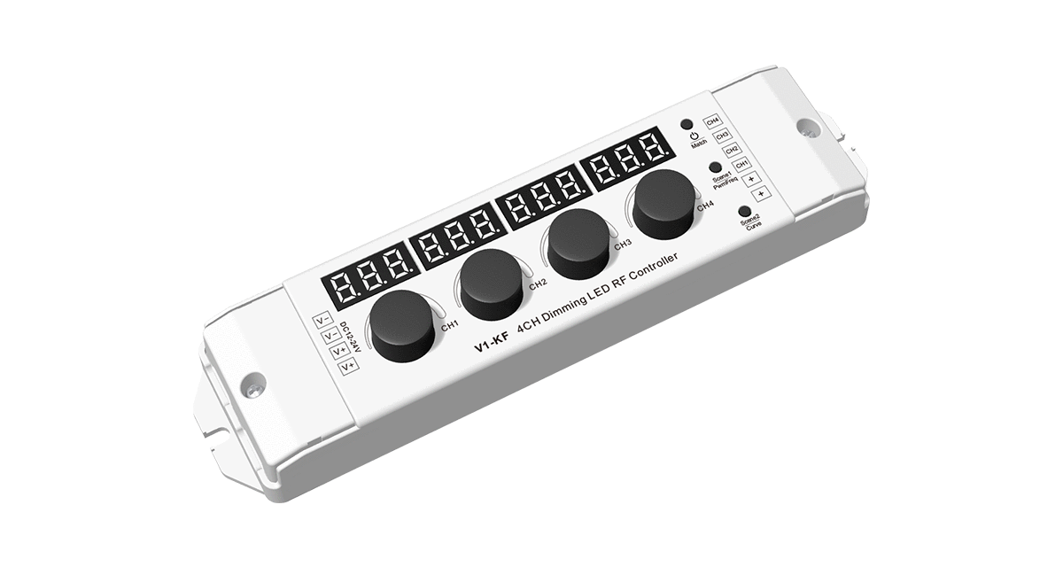 RF Mono vezérlőrendszer - LED vezérlő 4 csatorna × 4 A, 12–24 V DC, CV, 4 fényerőszabályzó gomb – V1-KF