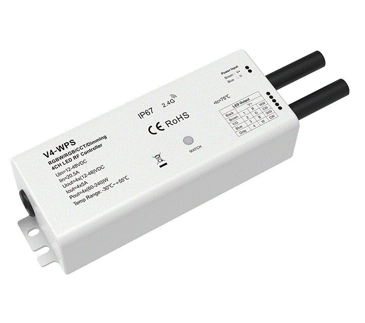 RF RGB / RGBW vezérlőrendszer - LED vezérlő – MONO / CCT / RGB / RGB+W – 12–48 V DC, 4×5 A – IP67 – V4-WPS