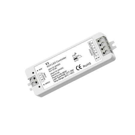 RF RGB / RGBW vezérlőrendszer - LED vezérlő – RGB – 12–24 V DC, 3×4 A – V3