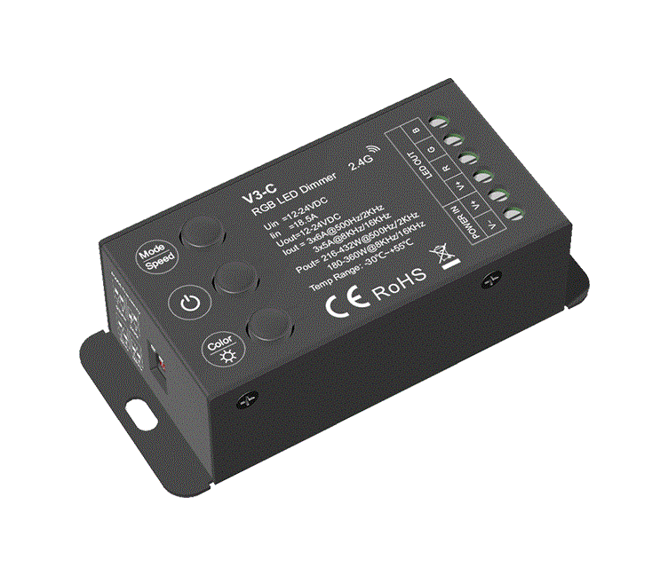 RF RGB / RGBW vezérlőrendszer - LED vezérlő – RGB – 12–24 V DC, 3×6 A – V3-C