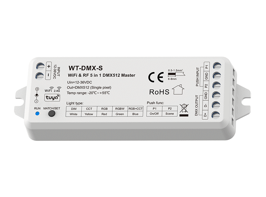 DMX512 sorozat - WiFi / 2,4 GHz vezérlőjel-kontroller (DMX512) – 12–36V DC – 5 az 1-ben – WT-DMX-S