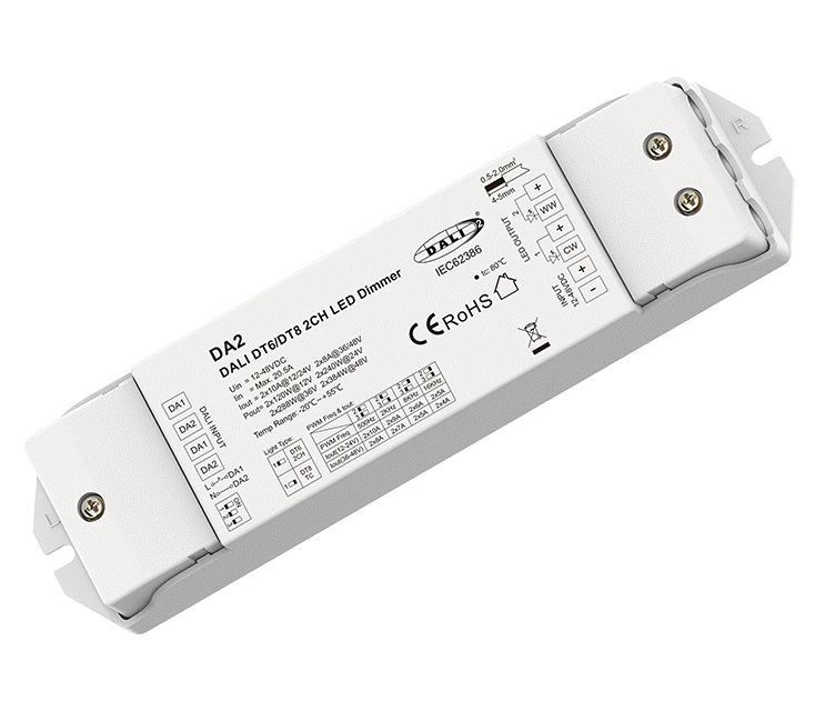 DALI sorozat - CV DALI dimmer 2 csatorna × 10A, 12–48V DC, DALI-2 (DT6 / DT8)
