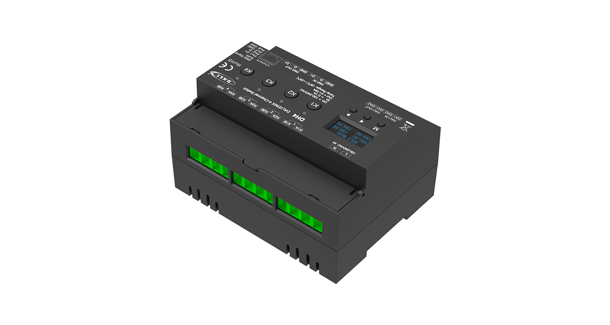 Világításvezérlő kapcsoló 230VAC (DALI/DMX512) – 4 csatorna, 3680W – DIN sínre szerelhető, OLED kijelző – DH4 [2]