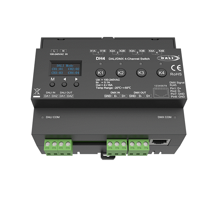 DALI sorozat - Világításvezérlő kapcsoló 230VAC (DALI/DMX512) – 4 csatorna, 3680W – DIN sínre szerelhető, OLED kijelző – DH4