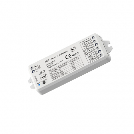 LED szalag vezérlők - 5 az 1-ben LED vezérlő (WiFi) – Mono / CCT / RGB / RGB+CCT – 12–24V DC – 15A – Alexa / Tuya – WT5