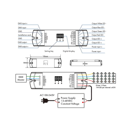 DMX512 LED áramvevő – 4 csatorna – 12–48V DC, 4×350–1200 mA, 3–45V – DMX dekóder – D4C-L (350–1200 mA) [1]