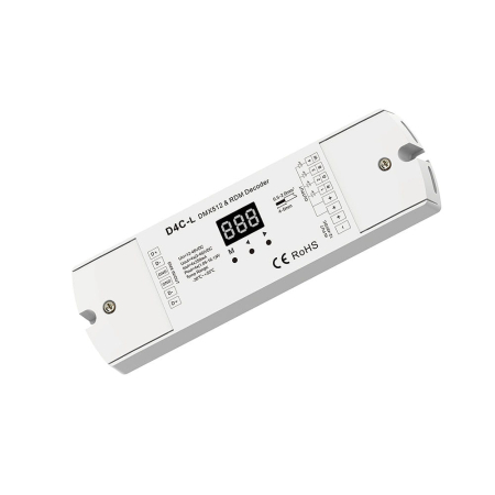 DMX512 sorozat - DMX512 LED áramvevő – 4 csatorna – 12–48V DC, 4×350–1200 mA, 3–45V – DMX dekóder – D4C-L (350–1200 mA)