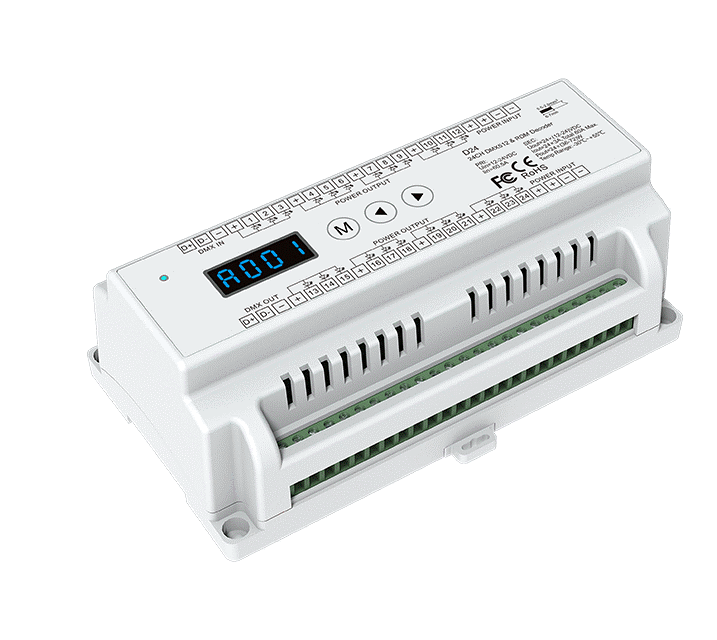 DMX512 sorozat - DMX512 LED vevő – 24 csatorna – 12–24V DC, 24×5A – DIN sínre szerelhető – DMX dekóder – D24