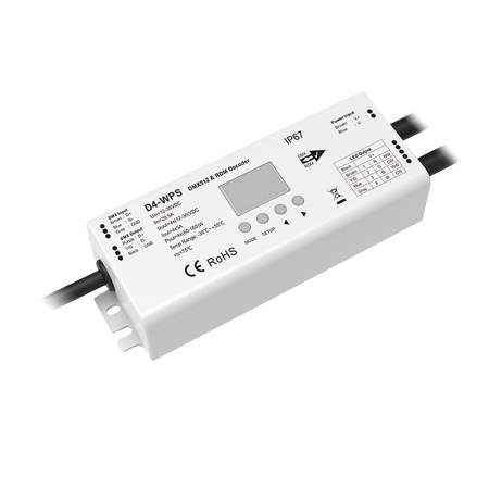 DMX512 sorozat - DMX512 LED vevő – 4 csatorna – 12–48V DC, 4×5A – IP67 – DMX dekóder – D4-WPS