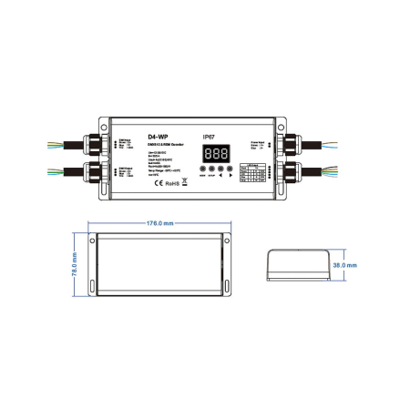 DMX512 LED vevő – 4 csatorna – 12–48V DC, 4×5A – IP67 – DMX dekóder – D4-WPS [1]