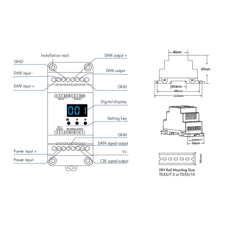 SPI LED vevő (DMX512) – RGB – digitális LED szalagokhoz – 8A, 5–24V DC – DIN sínre szerelhető – DS(W) [3]