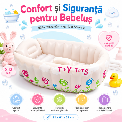 Piscine copii - cada-gonflabila-pentru-bebe-alba-cu-flori-colorate-91x61x29cm