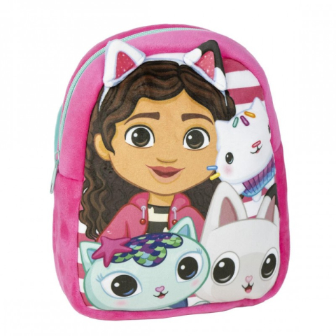 Ghiozdane scoala - Ghiozdan gradinita mini Cerda Gabby's Dollhouse, 22cm, 1 compartiment, material catifelat, roz, 36898