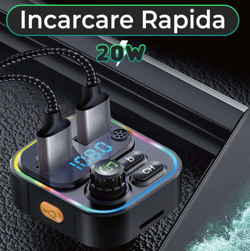 Modulator FM Auto C17 Bluetooth 5.0, QC3.0, USB-C, Afișaj Digital și RGB [3]