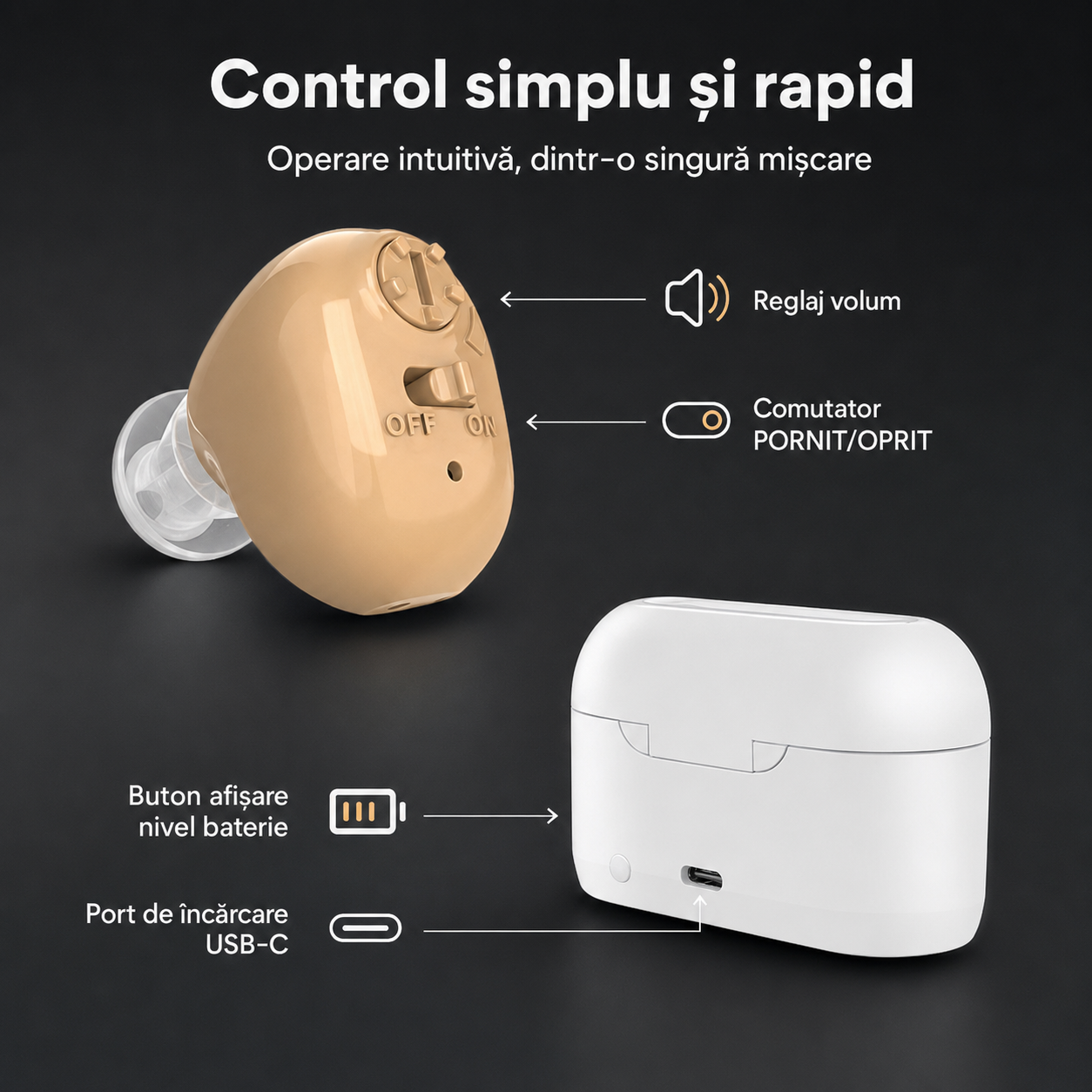 Amplificator auditiv Great-Ears G12C reincarcabil bej, set 2 bucati cu husa de incarcare magnetica [7]