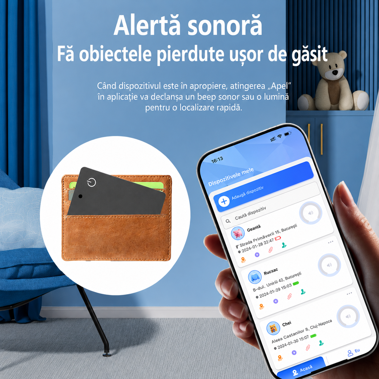 Card tracker anti-pierdere portofel, IP68, compatibil iOS sau Android [3]