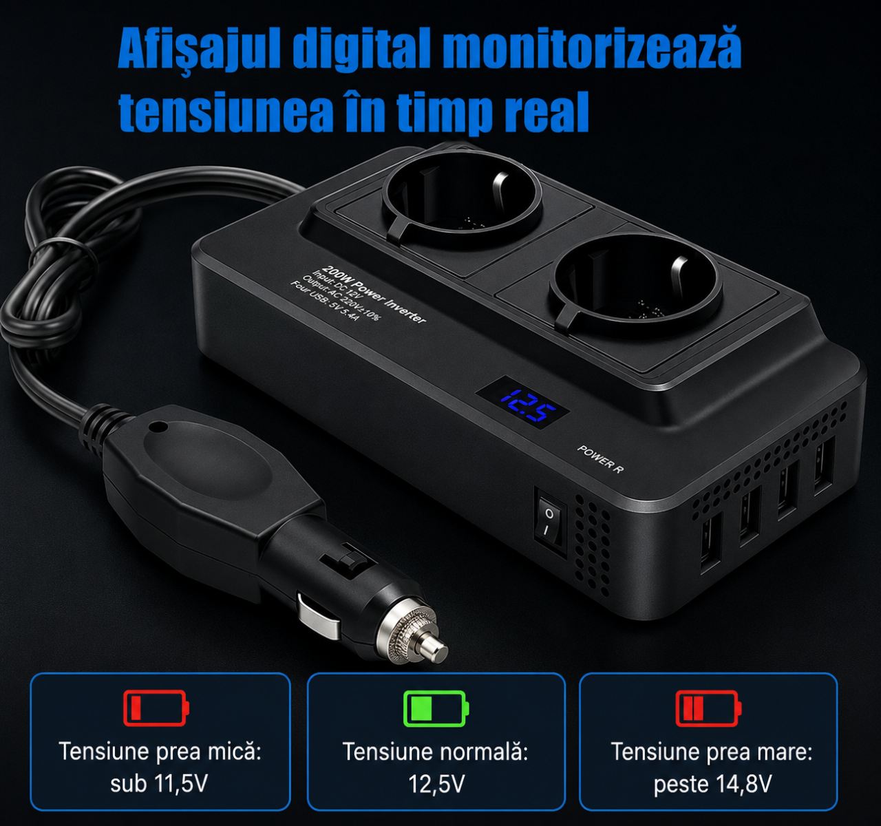 Invertor auto MG8300 200W/400W cu afișaj digital și porturi USB [5]