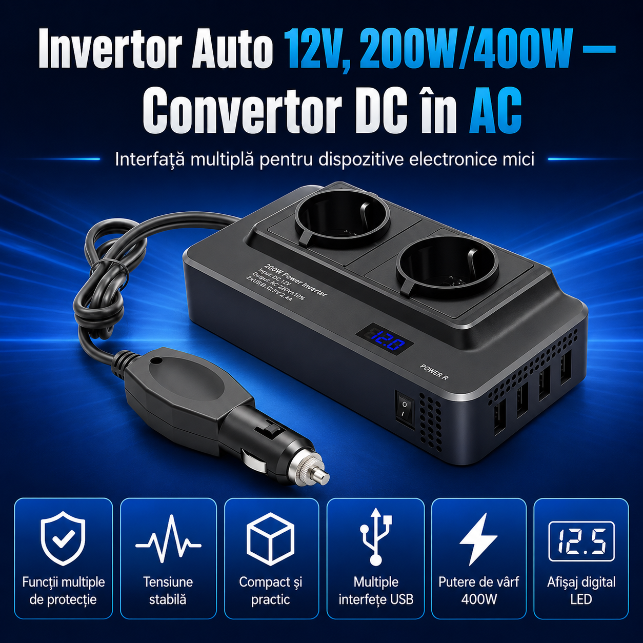 Invertor auto MG8300 200W/400W cu afișaj digital și porturi USB [3]