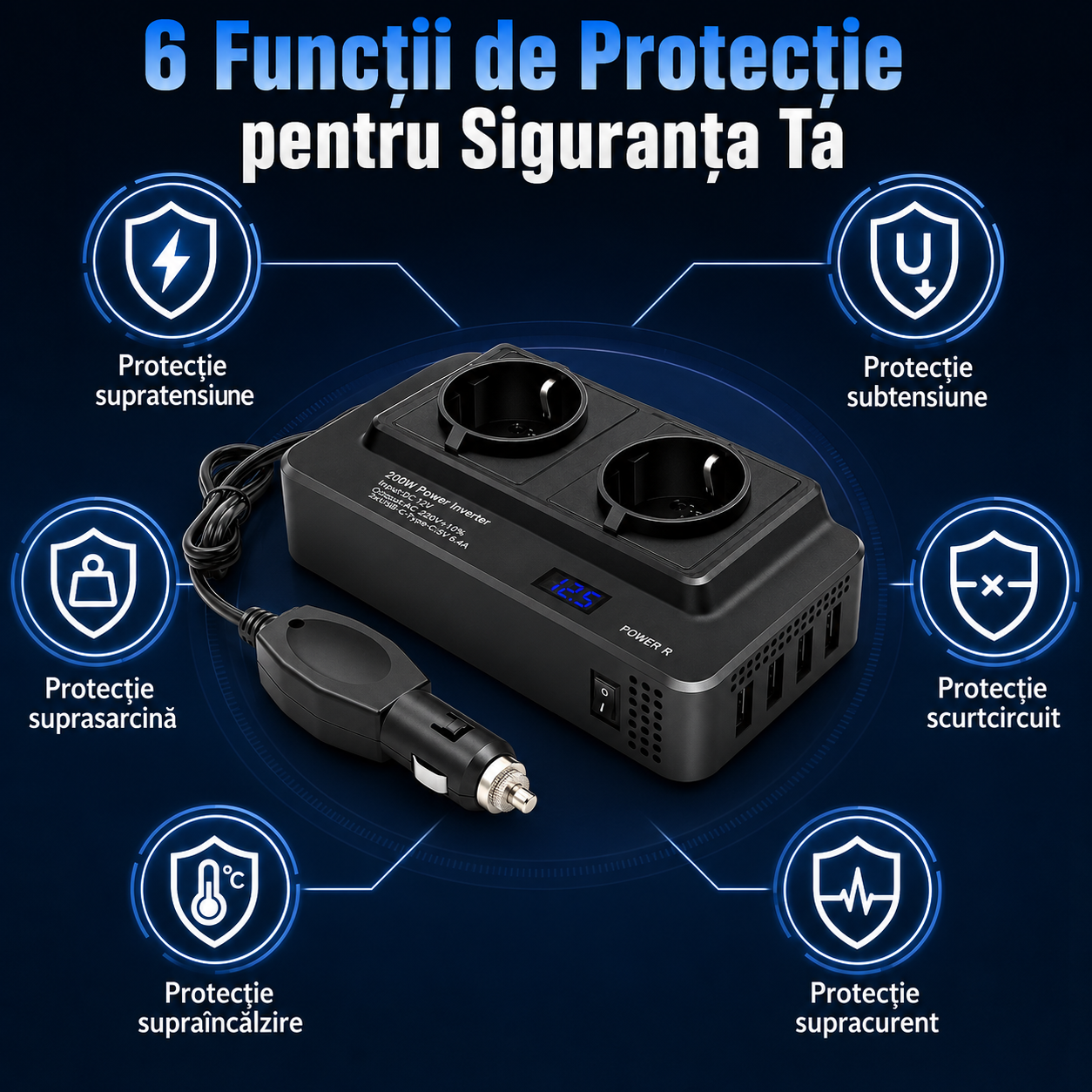 Invertor auto MG8300 200W/400W cu afișaj digital și porturi USB [2]