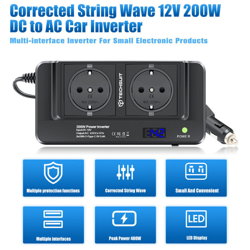 Invertor Auto ValVirtalex 200W-400W cu USB-C și Afișaj Digital [4]