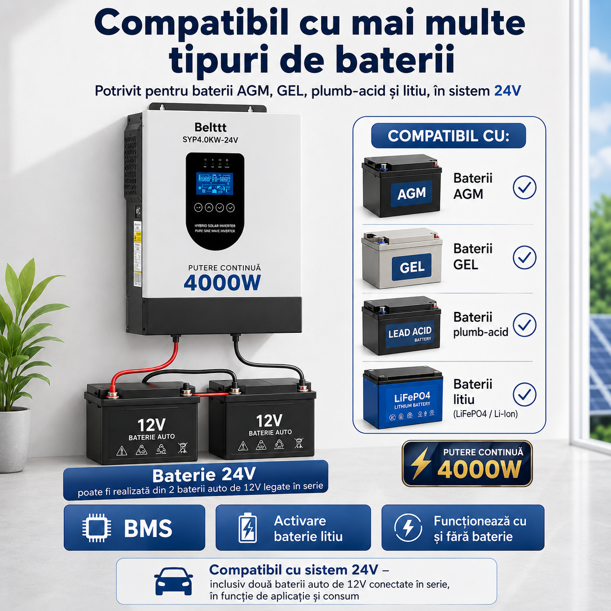 Invertor solar hibrid Belttt SYP4.0KW-24V cu regulator MPPT 100A și afișaj LCD [5]