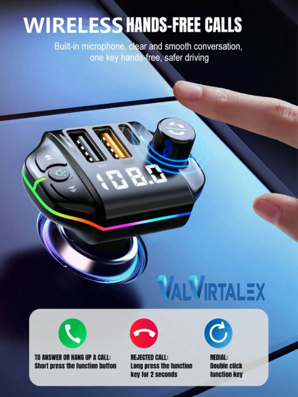 Modulator FM Auto VALVIRTALEX® Bluetooth 5.0, USB-C, QC 3.0, RGB, MP3 [4]