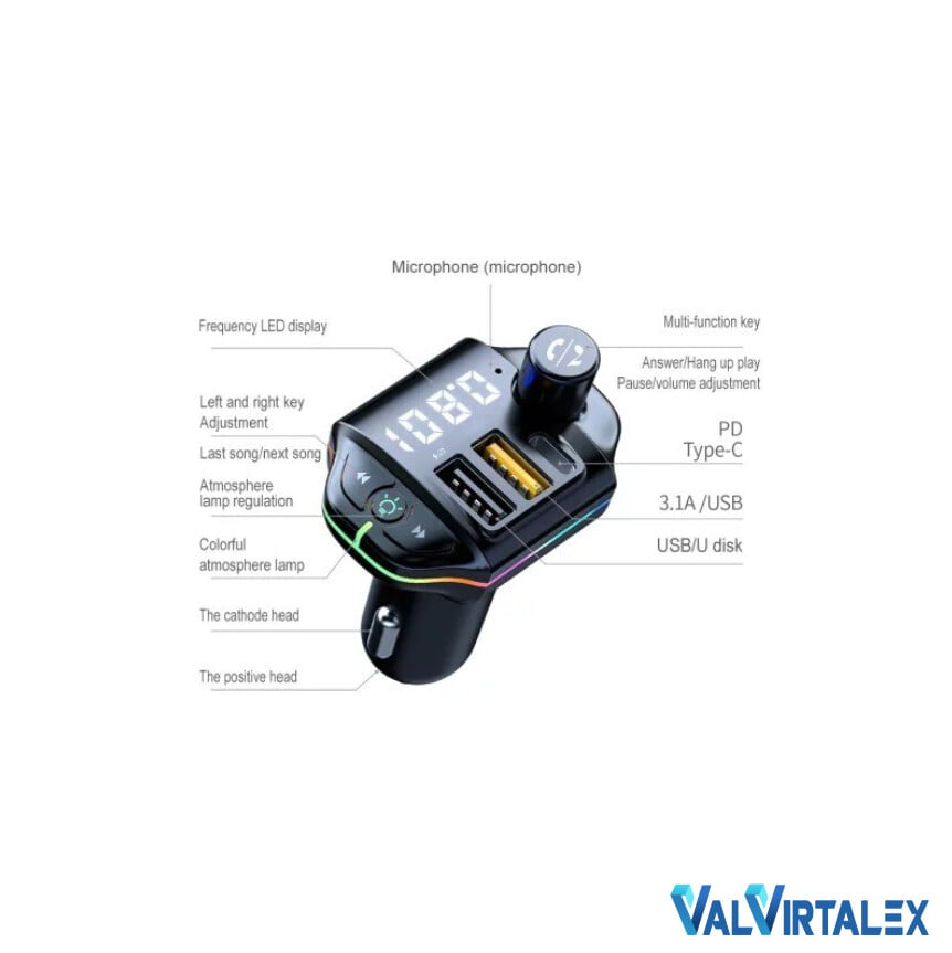 Modulator FM Auto VALVIRTALEX® Bluetooth 5.0, USB-C, QC 3.0, RGB, MP3 [7]