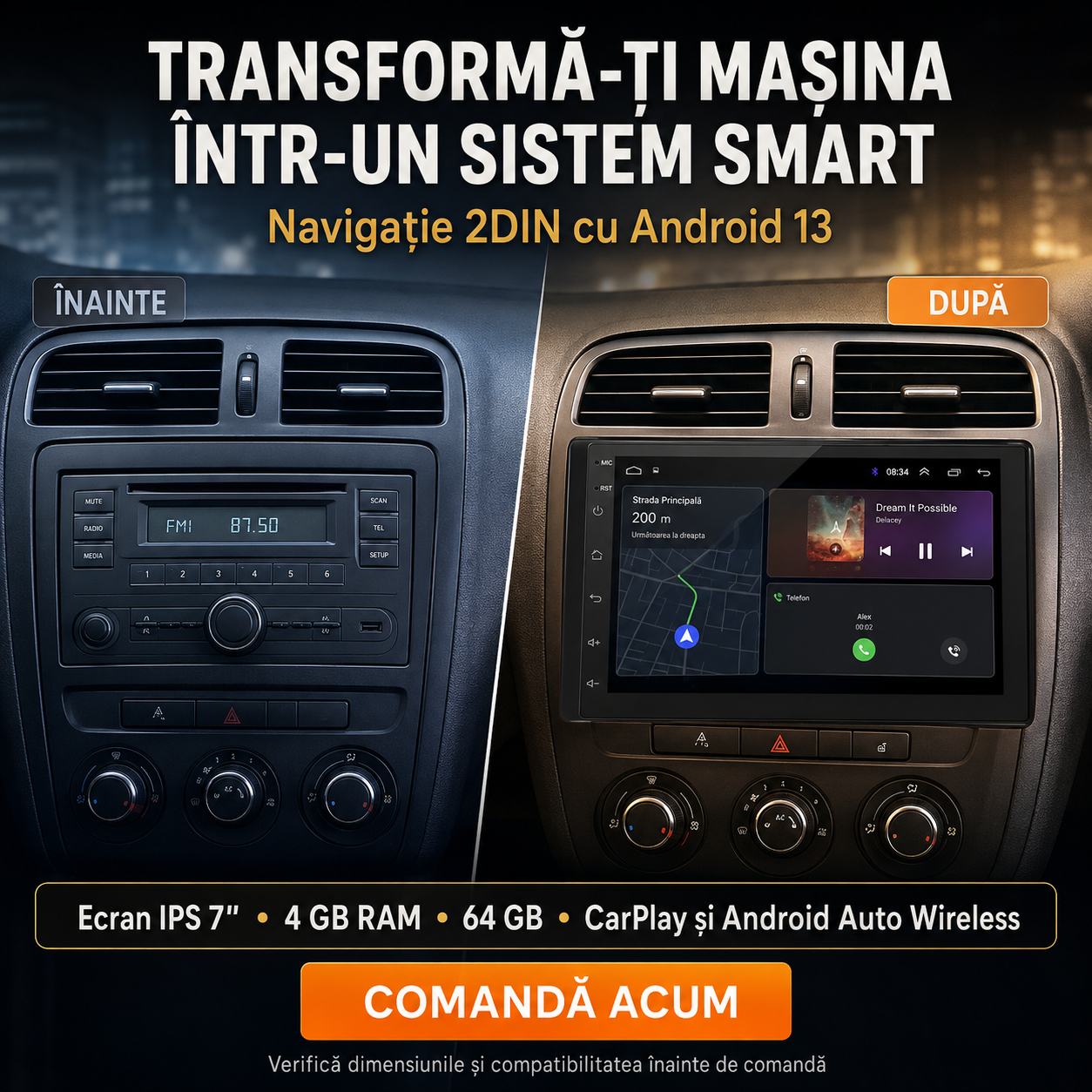 Navigație auto 2DIN Android 13 cu ecran IPS 7 inch, CarPlay wireless, Android Auto wireless, GPS, 4GB RAM și 64GB [6]
