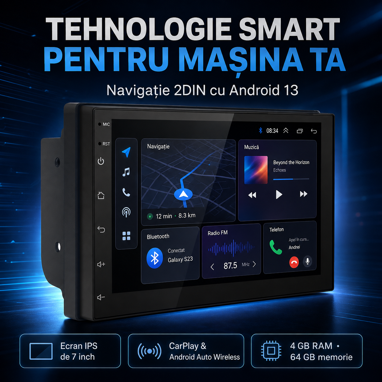 Navigație auto 2DIN Android 13 cu ecran IPS 7 inch, CarPlay wireless, Android Auto wireless, GPS, 4GB RAM și 64GB [7]