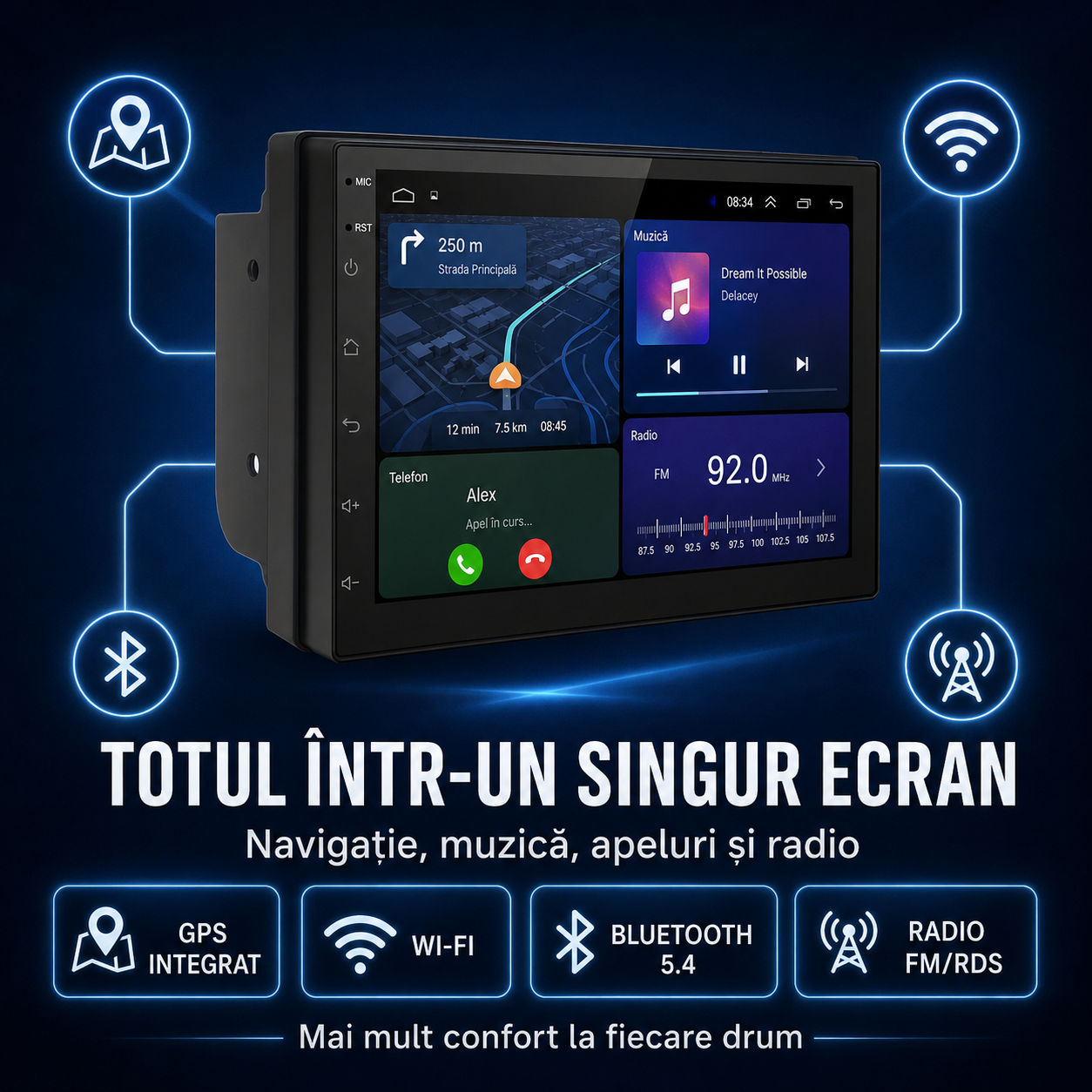 Navigație auto 2DIN Android 13 cu ecran IPS 7 inch, CarPlay wireless, Android Auto wireless, GPS, 4GB RAM și 64GB [5]