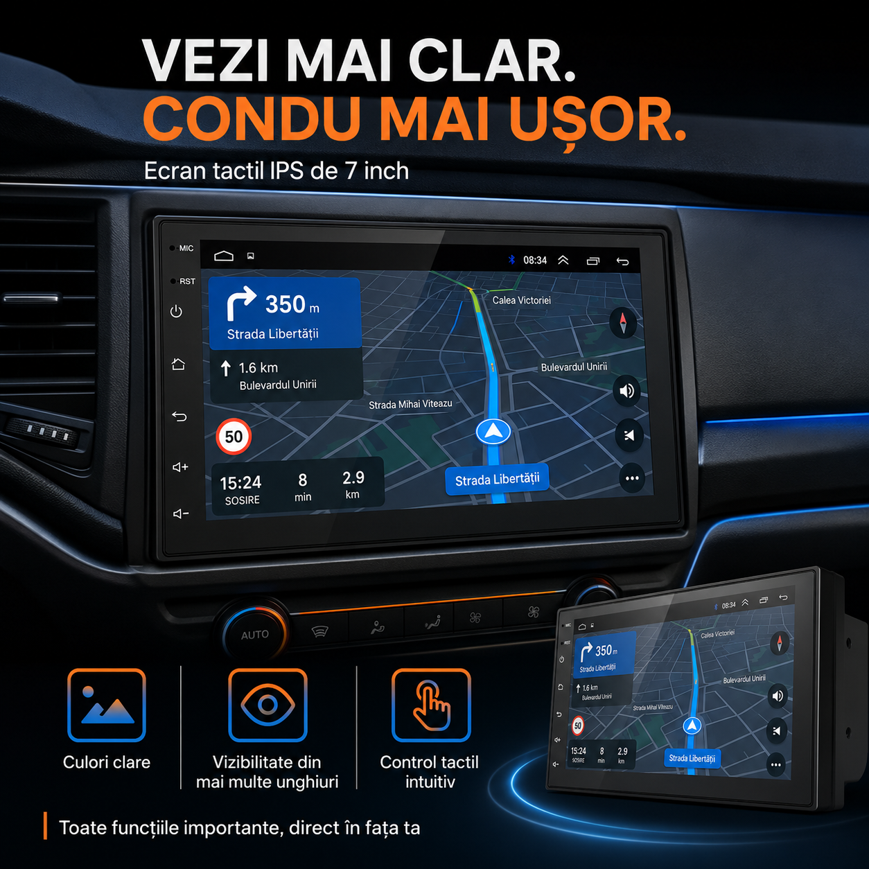 Navigație auto 2DIN Android 13 cu ecran IPS 7 inch, CarPlay wireless, Android Auto wireless, GPS, 4GB RAM și 64GB [4]