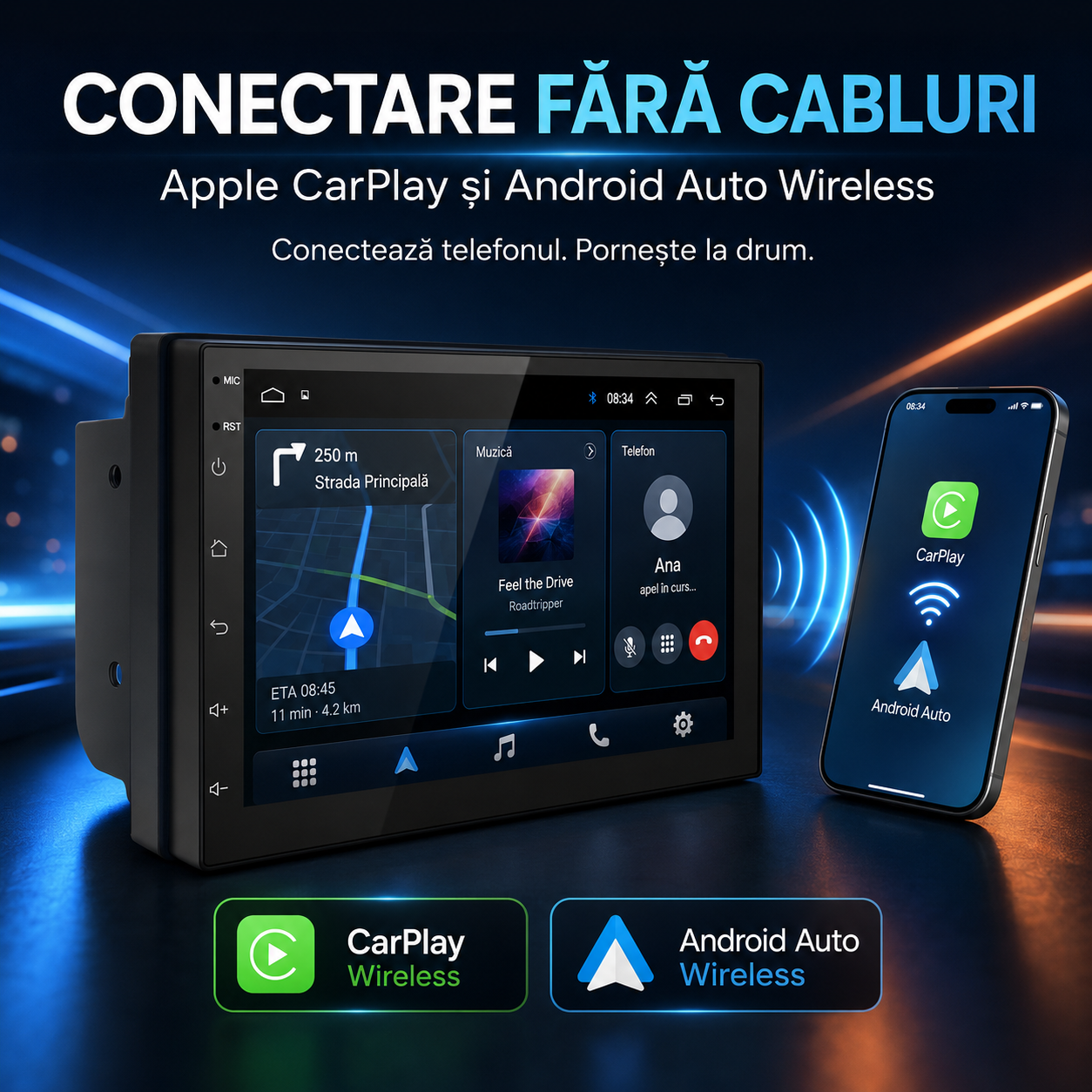Navigație auto 2DIN Android 13 cu ecran IPS 7 inch, CarPlay wireless, Android Auto wireless, GPS, 4GB RAM și 64GB [2]
