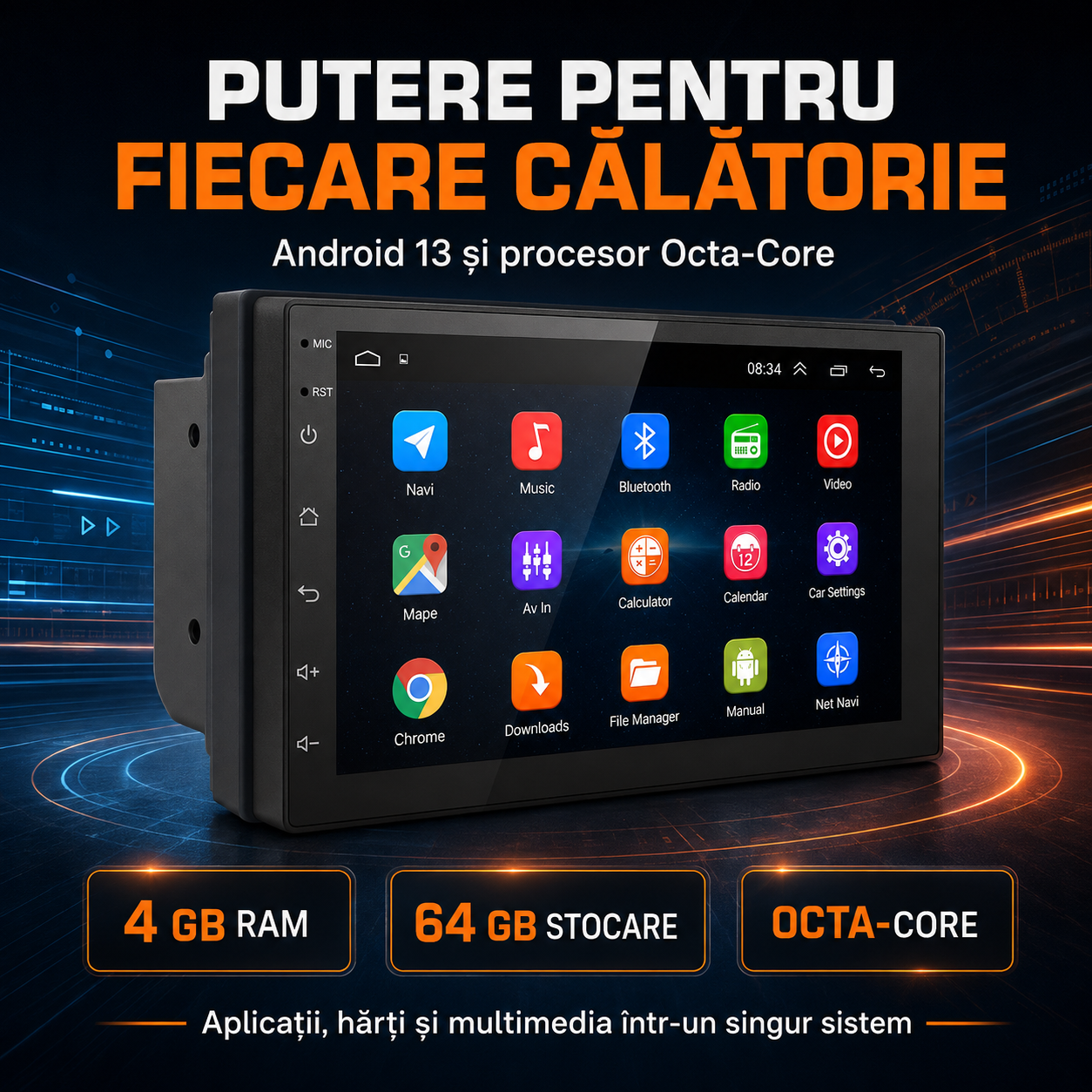 Navigație auto 2DIN Android 13 cu ecran IPS 7 inch, CarPlay wireless, Android Auto wireless, GPS, 4GB RAM și 64GB [3]