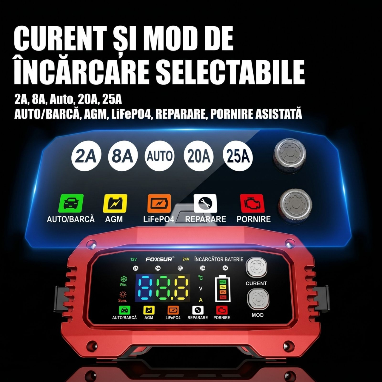 Redresor Auto FOXSUR FPT-250 12V/24V cu Ecran Color și Funcție BOOSTER [5]