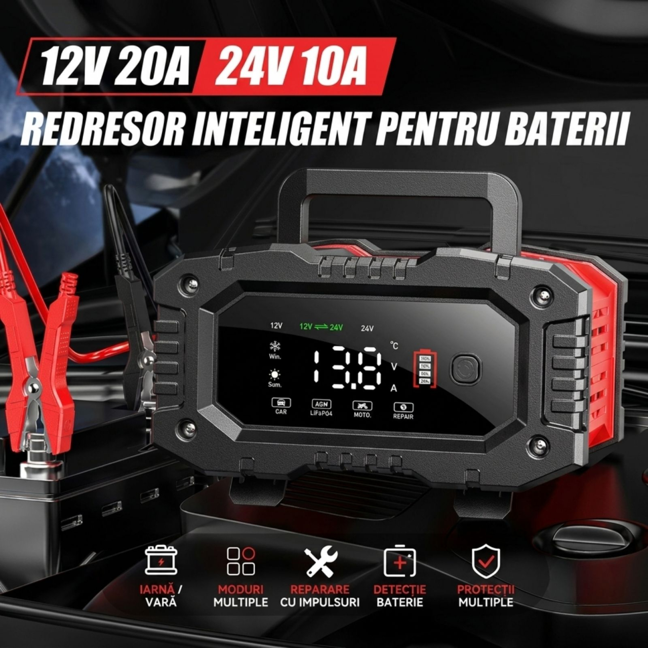 Redresor auto inteligent FOXSUR FPT-200 12V/20A 24V/10A cu functie Repair si display LCD [3]