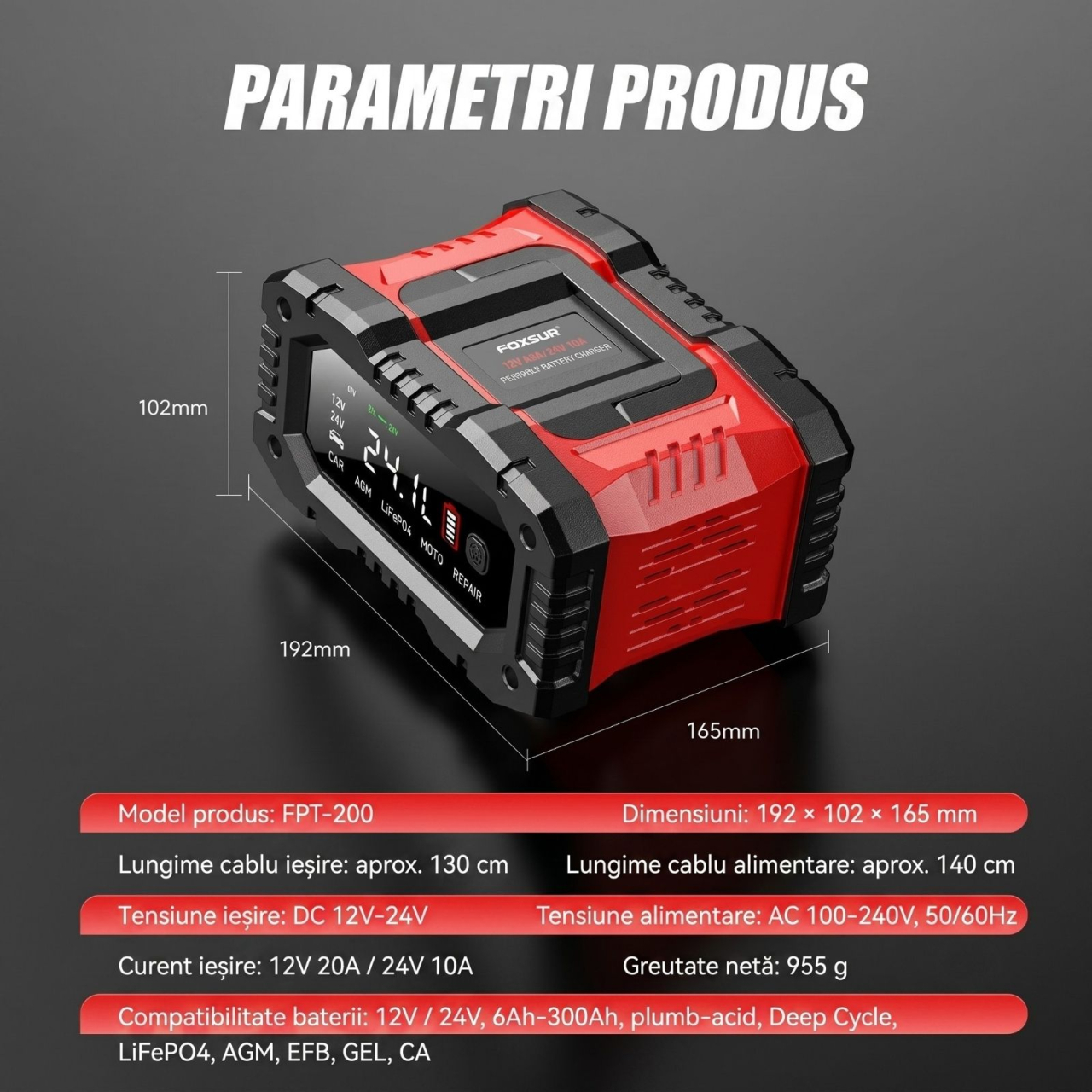 Redresor auto inteligent FOXSUR FPT-200 12V/20A 24V/10A cu functie Repair si display LCD [7]
