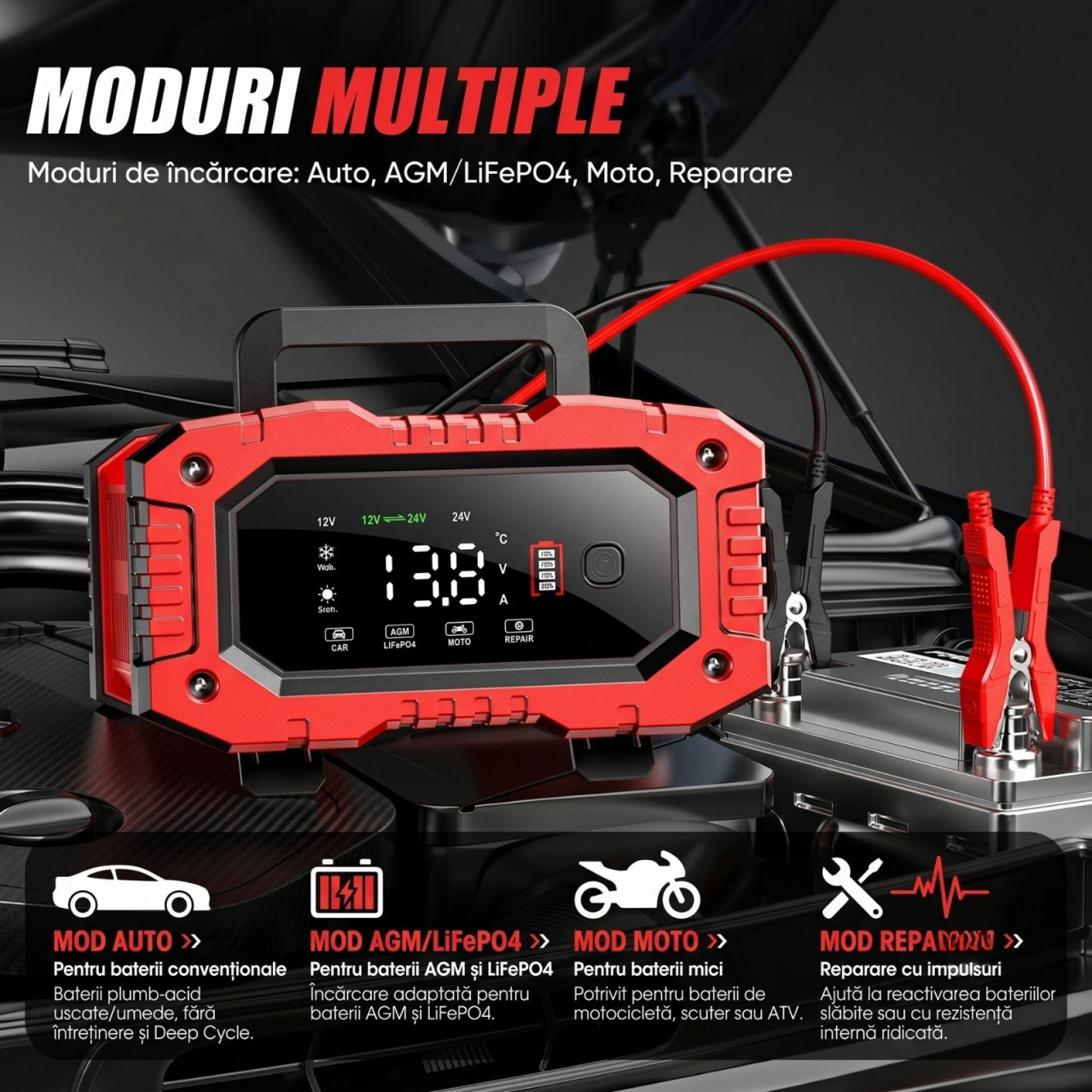 Redresor auto inteligent FOXSUR FPT-200 12V/20A 24V/10A cu functie Repair si display LCD [4]