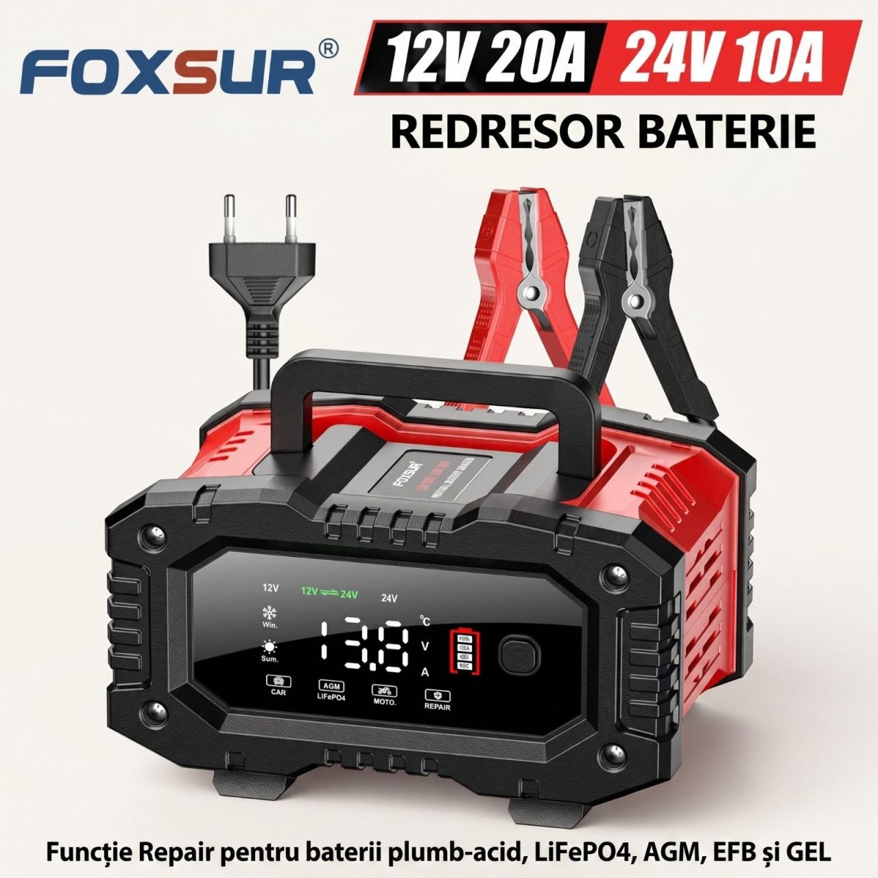 Redresor auto inteligent FOXSUR FPT-200 12V/20A 24V/10A cu functie Repair si display LCD [10]