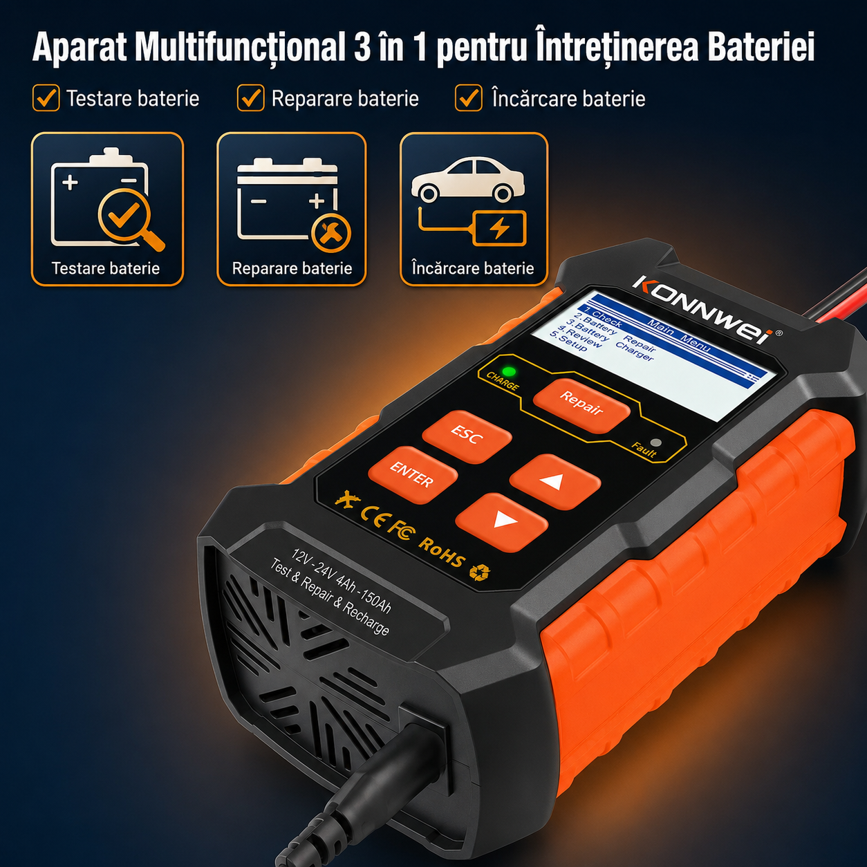 Redresor auto Konnwei KW520 12V 24V cu tester și funcție Repair LCD [2]