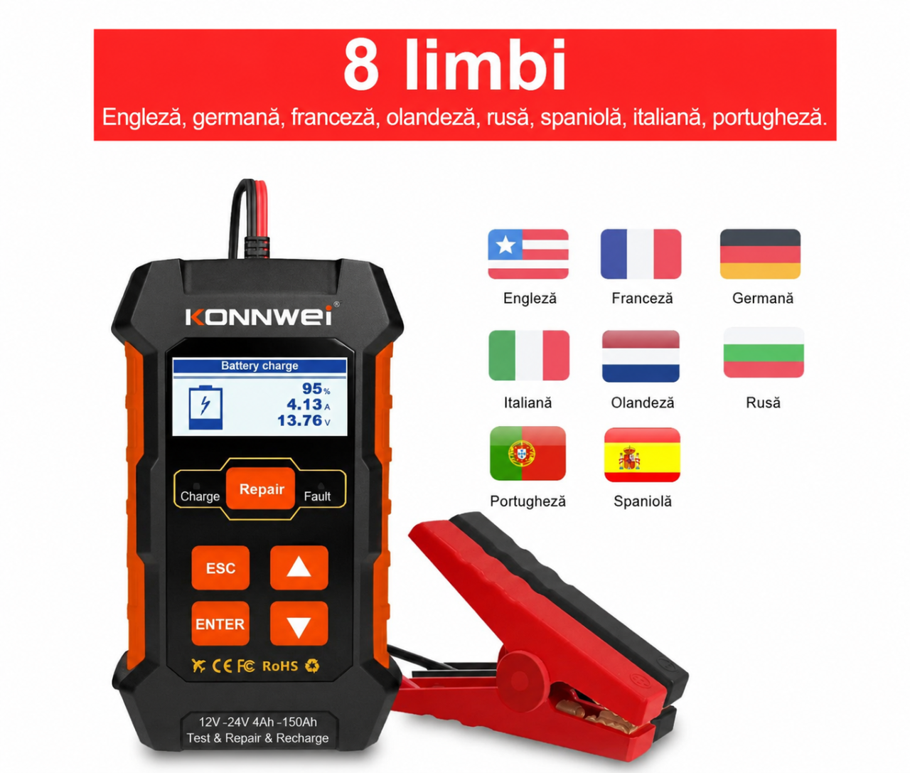 Redresor auto Konnwei KW520 12V 24V cu tester și funcție Repair LCD [5]