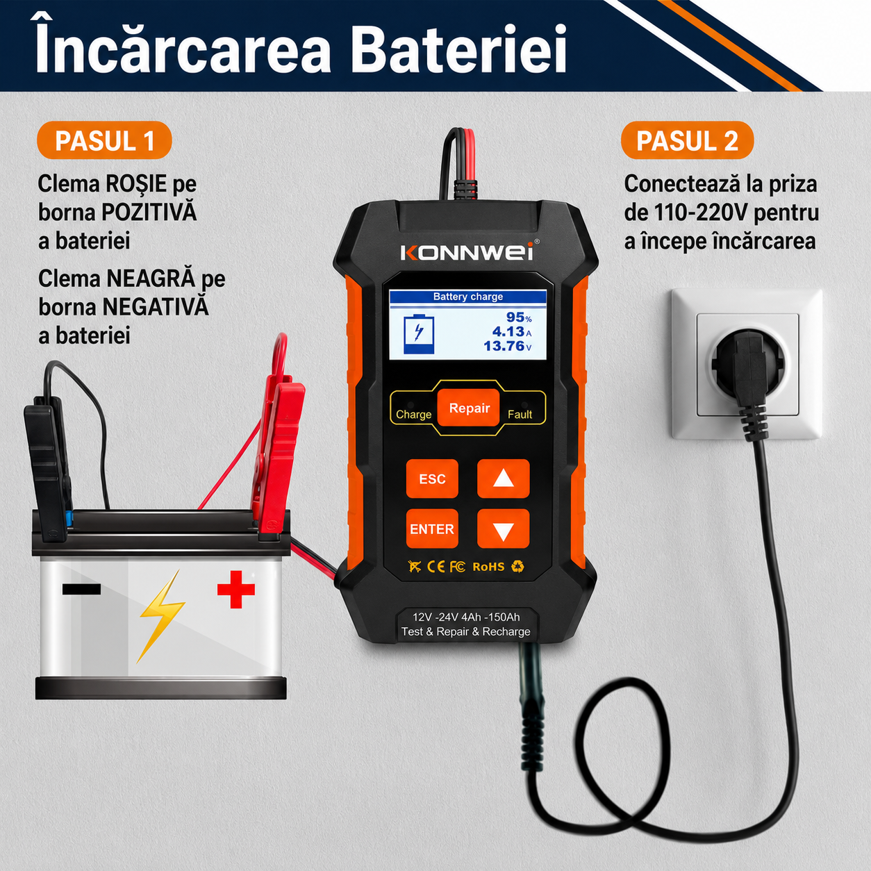 Redresor auto Konnwei KW520 12V 24V cu tester și funcție Repair LCD [4]