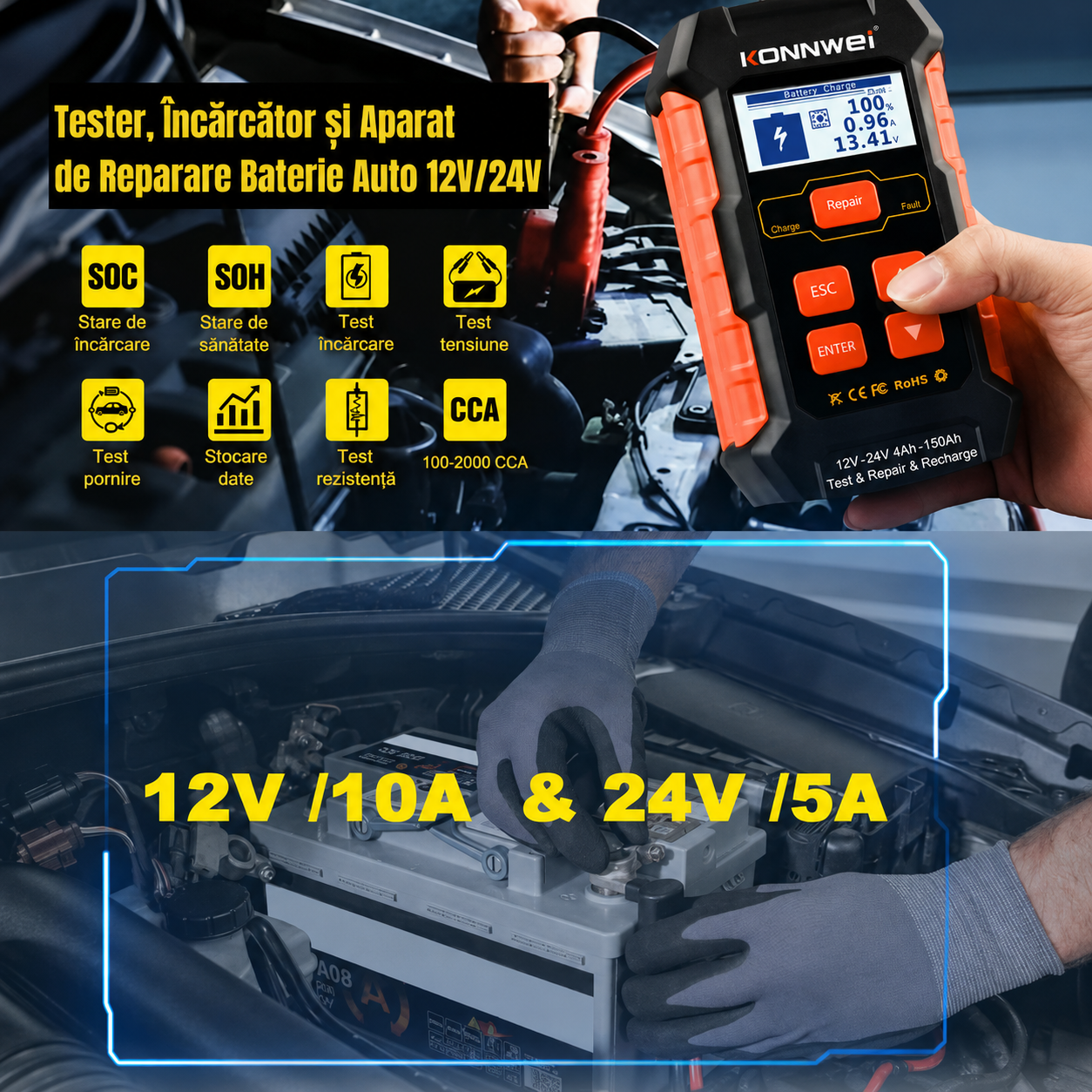 Redresor auto Konnwei KW520 12V 24V cu tester și funcție Repair LCD [7]