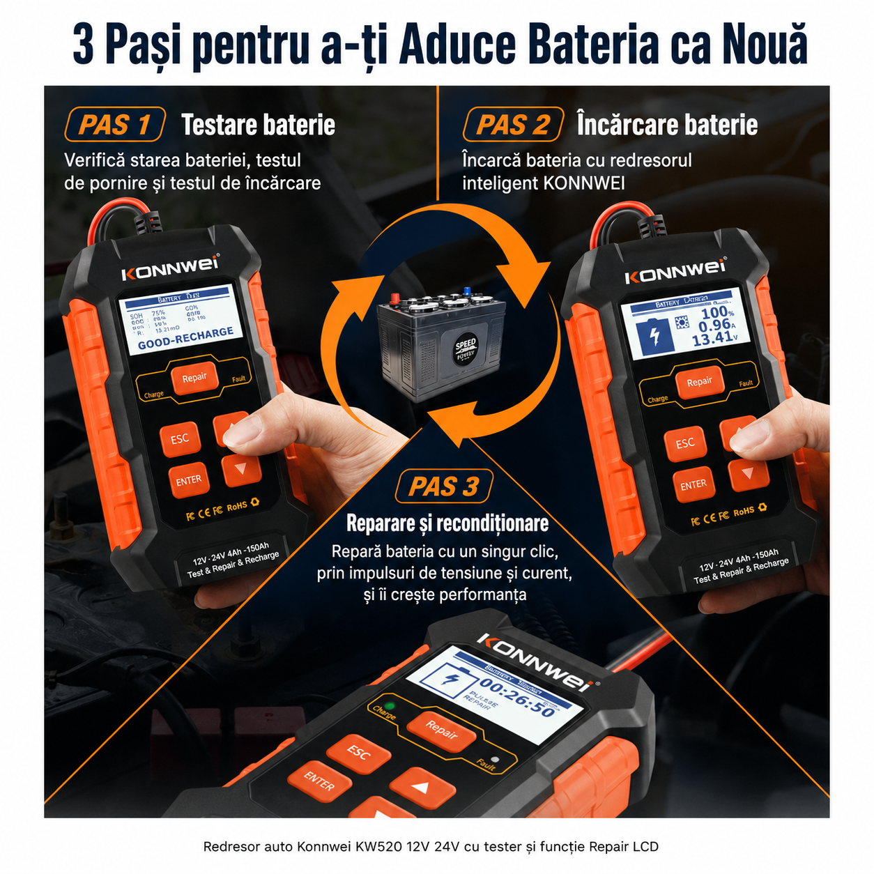 Redresor auto Konnwei KW520 12V 24V cu tester și funcție Repair LCD [8]