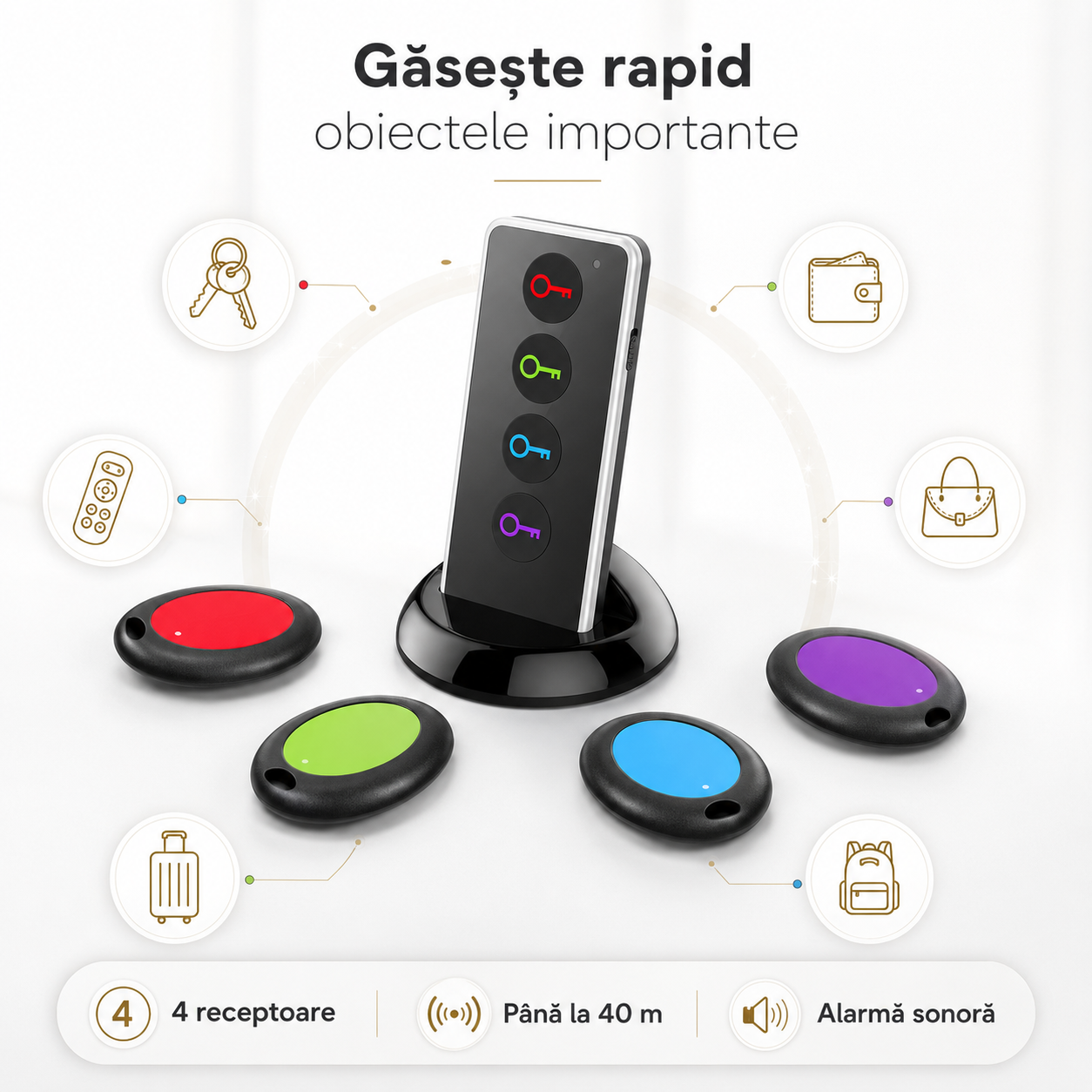 Set dispozitiv inteligent de localizare chei si obiecte Key Finder, 4 receptoare, multicolor [3]