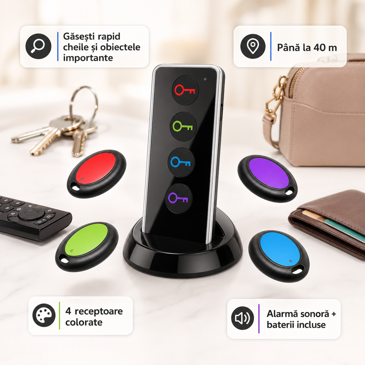 Set dispozitiv inteligent de localizare chei si obiecte Key Finder, 4 receptoare, multicolor [8]