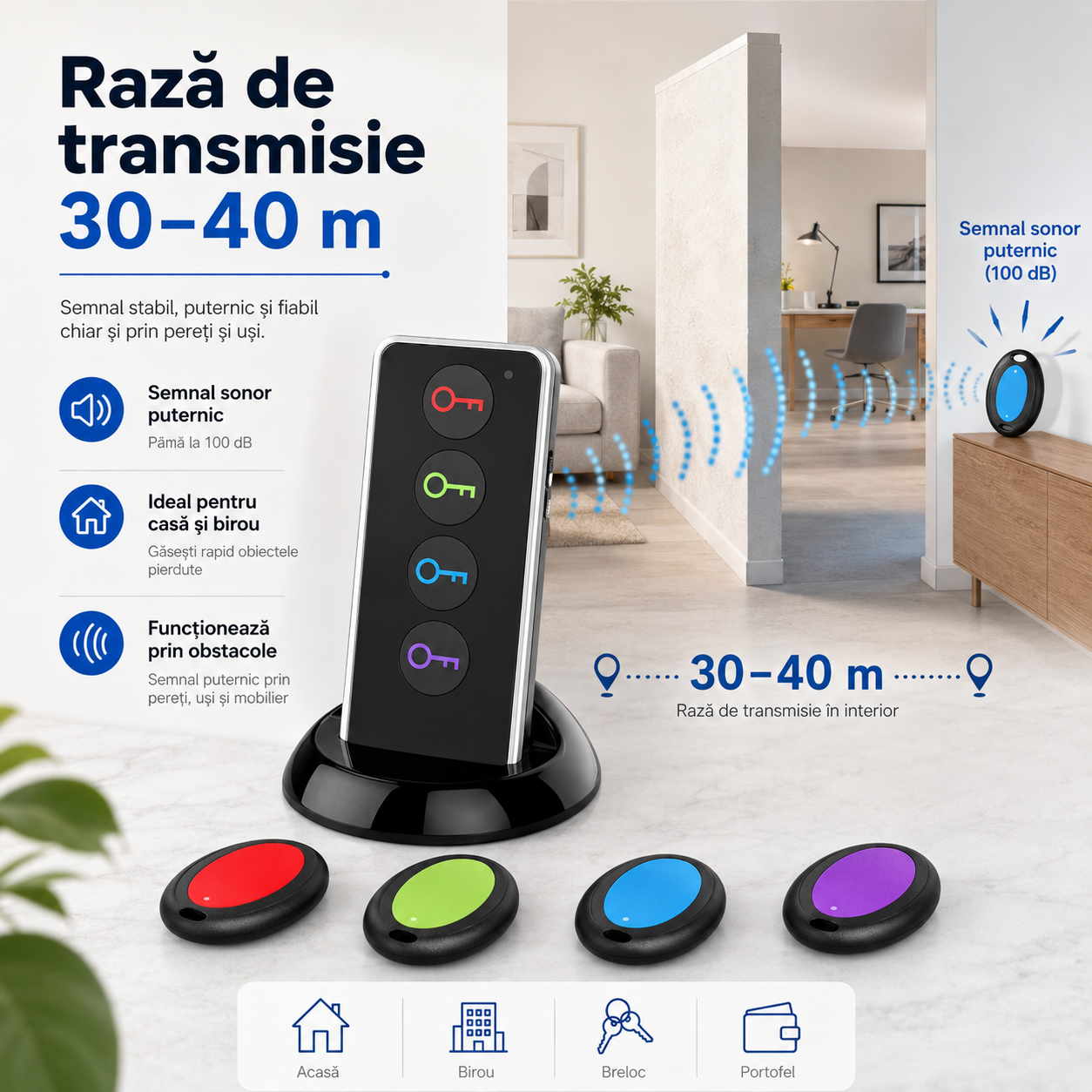 Set dispozitiv inteligent de localizare chei si obiecte Key Finder, 4 receptoare, multicolor [4]