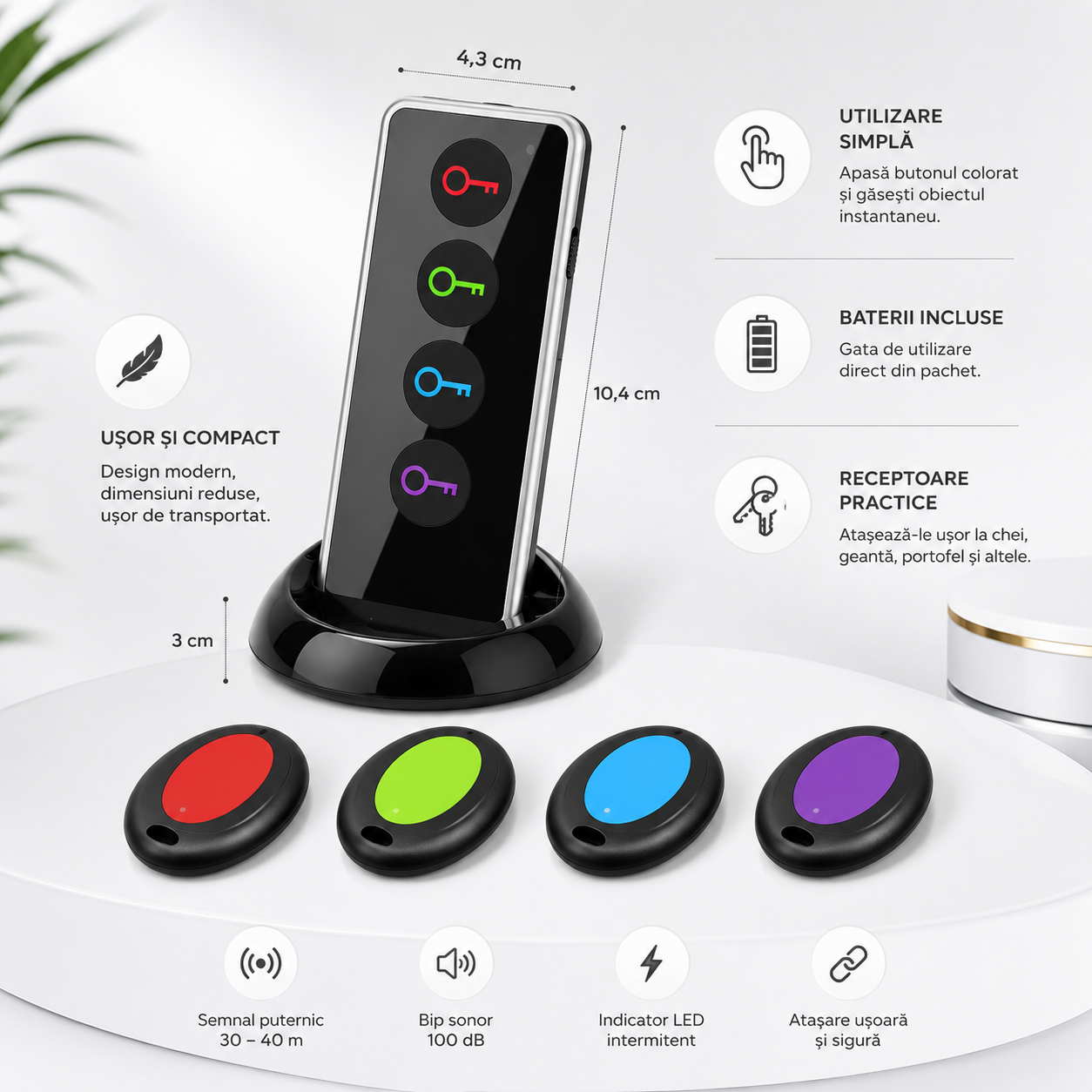 Set dispozitiv inteligent de localizare chei si obiecte Key Finder, 4 receptoare, multicolor [7]